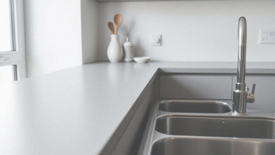 Co wyróżnia blat laminowany w kuchni z szarymi meblami?